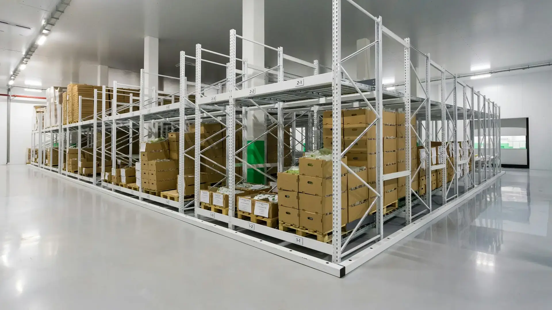 Racked cold storage hall with palletised cartons under bright white lighting